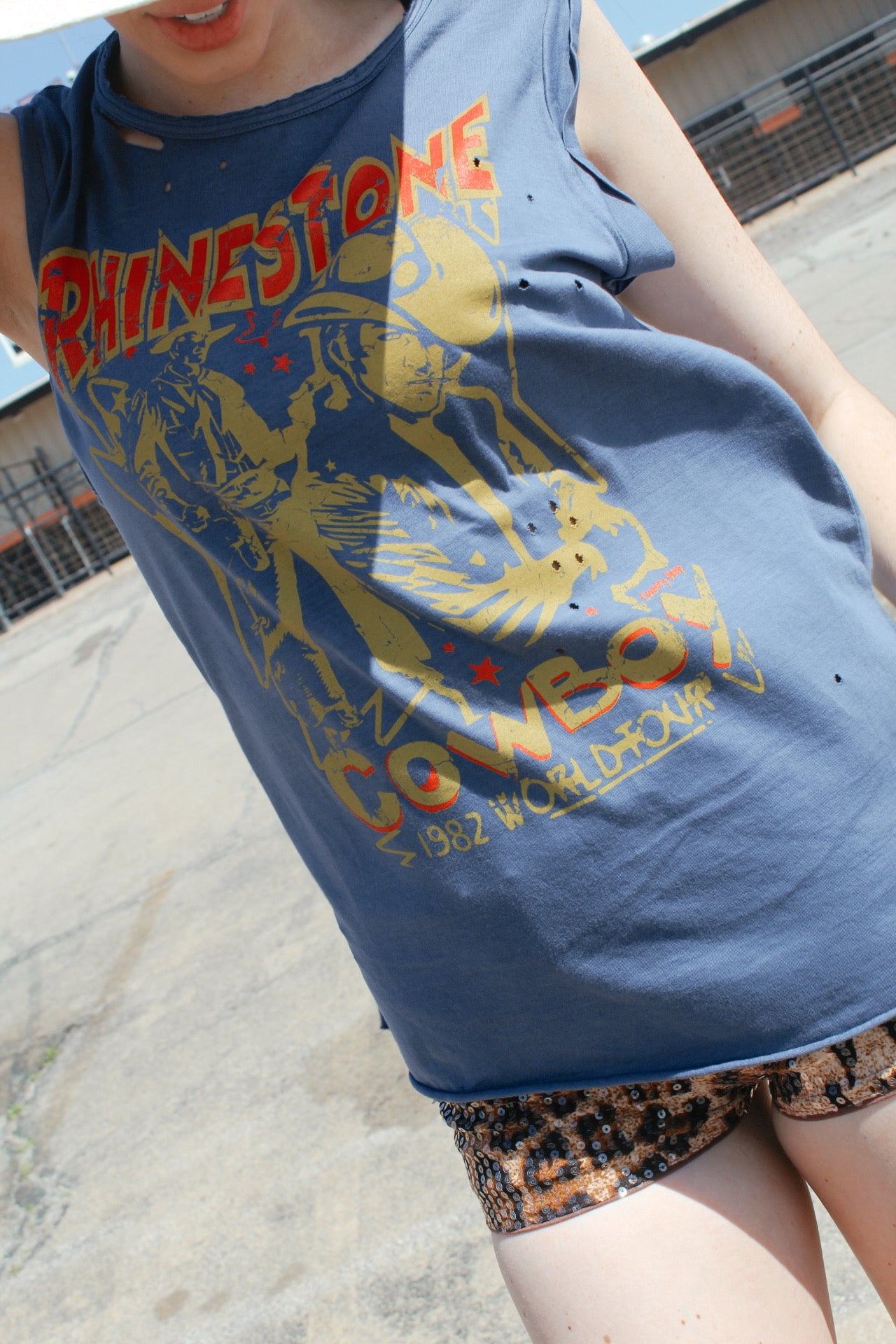 Rhinestone Cowboy 80's World Tour Graphic Muscle Tank