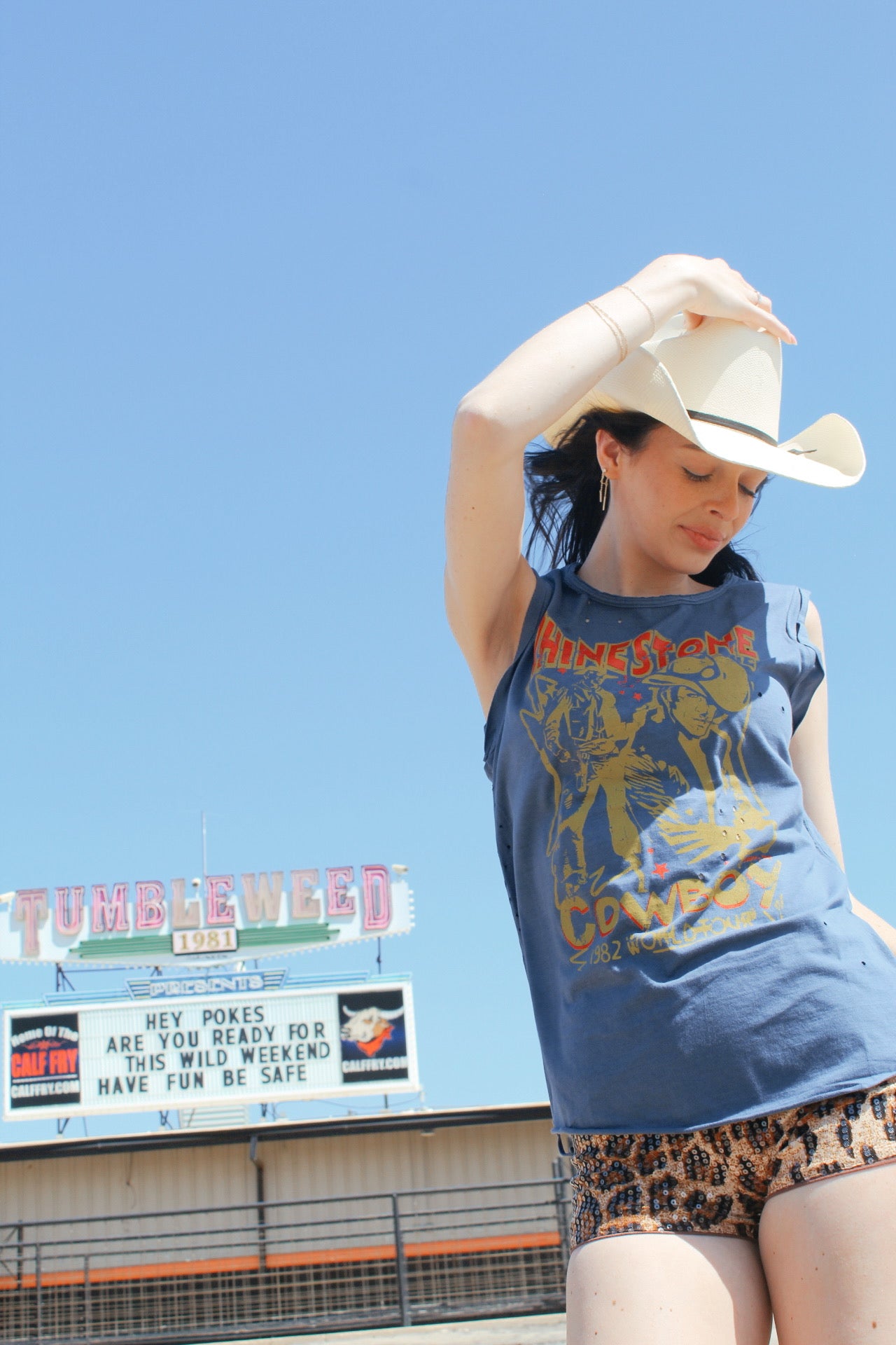 Rhinestone Cowboy 80's World Tour Graphic Muscle Tank