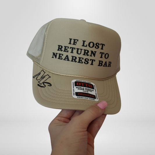 "If Lost Return to Nearest Bar" Trucker Hat - Khaki